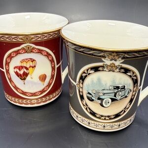 2 Noritaki MAZDA 70th Anniversary Mugs. 12oz Hotair ballon and  classic car.